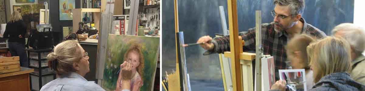 an artist demonstrates painting in a studio art class