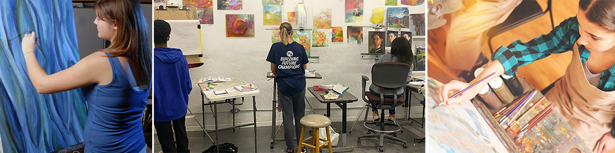 a studio art class for teenagers painting on canvas and drawing on paper