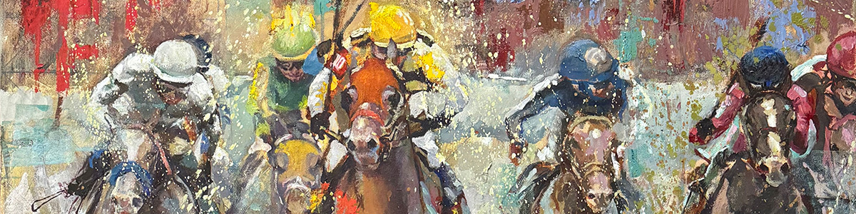 painting detail of jockeys on horses charging forward in a horse race