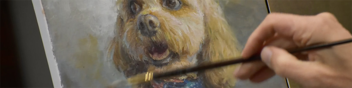 portrait painting of a white and red King Charles Spaniel