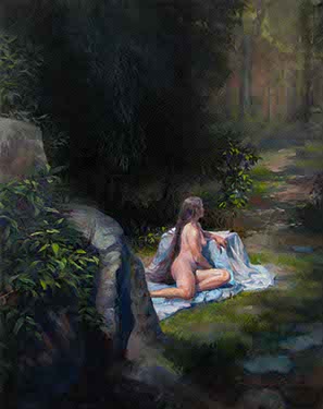 painting of a female nude with long brown hair reclining outside