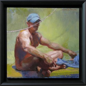 painting of nude man seated wearing blue hat and rope suspended before him in a green background