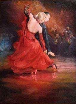 painting of a ballroom dancing couple in the spotlight on the dance floor with a jazz band playing behind them