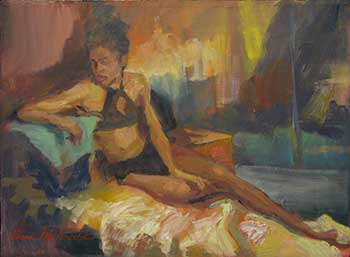 painting of a young black woman lounging in a colorful setting
