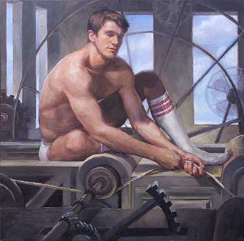 painting of semi-nude male wearing tube socks looking as if he is sleeping while guiding a rope through a crank pulley