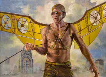 painting of man wearing steampunk wings and goggles with Chrysler Building behind him