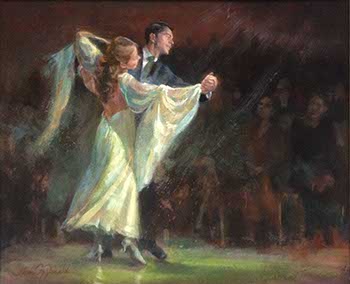 painting of a ballroom dance couple Waltzing before an audience
