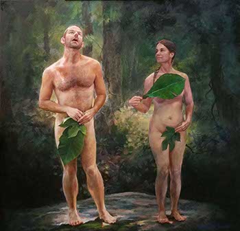 painting of a Adam and Eve standing apart as they cover their genitals with leaves
