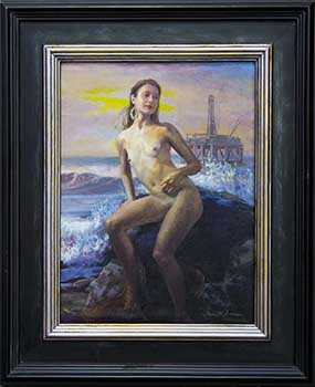 painting of a two-legged nude mermaid with an oil rig on the sea's horizon