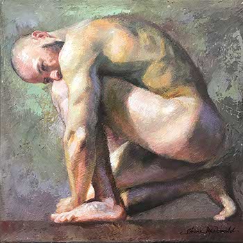 painting of a nude male kneeling with his hands on the floor and head down
