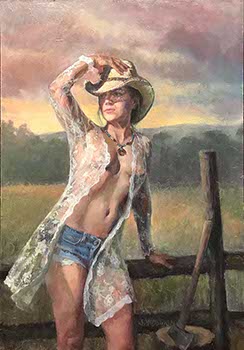painting of a female cowgirl wearing a blue-jean shorts and a lace robe in the evening breeze of a western ranch