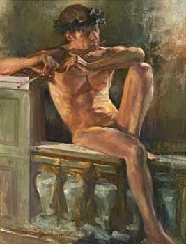 painting of nude male figure wearing laurel crown and playing a flute