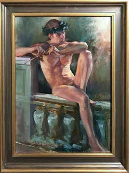 painting of nude male figure wearing laurel crown and playing a flute