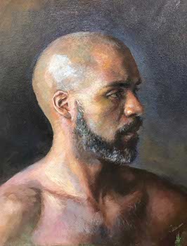 portrait painting of the profile of a bald bearded black man