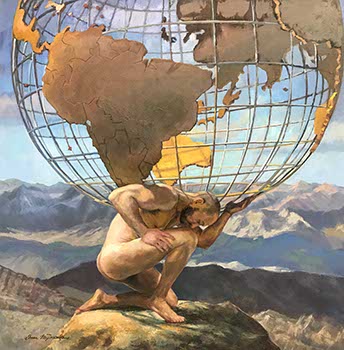 painting of a nude male figure kneeling while holding a giant globe