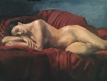painting of reclining female nude on deep red fabric