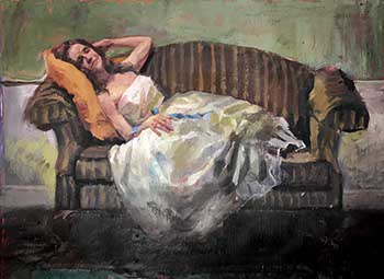 painting of a woman reclining in a white satin on a black striped love seat