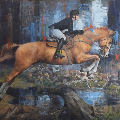 painting of young woman riding through a forest on a horse with hounds