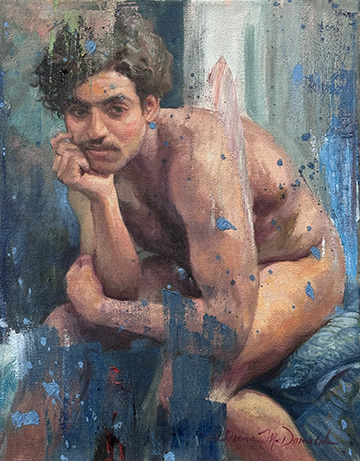 painting of a nude male seated with distruptive marks of paint
