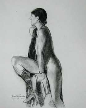 drawing of a female nude wearing boots seated on a stool