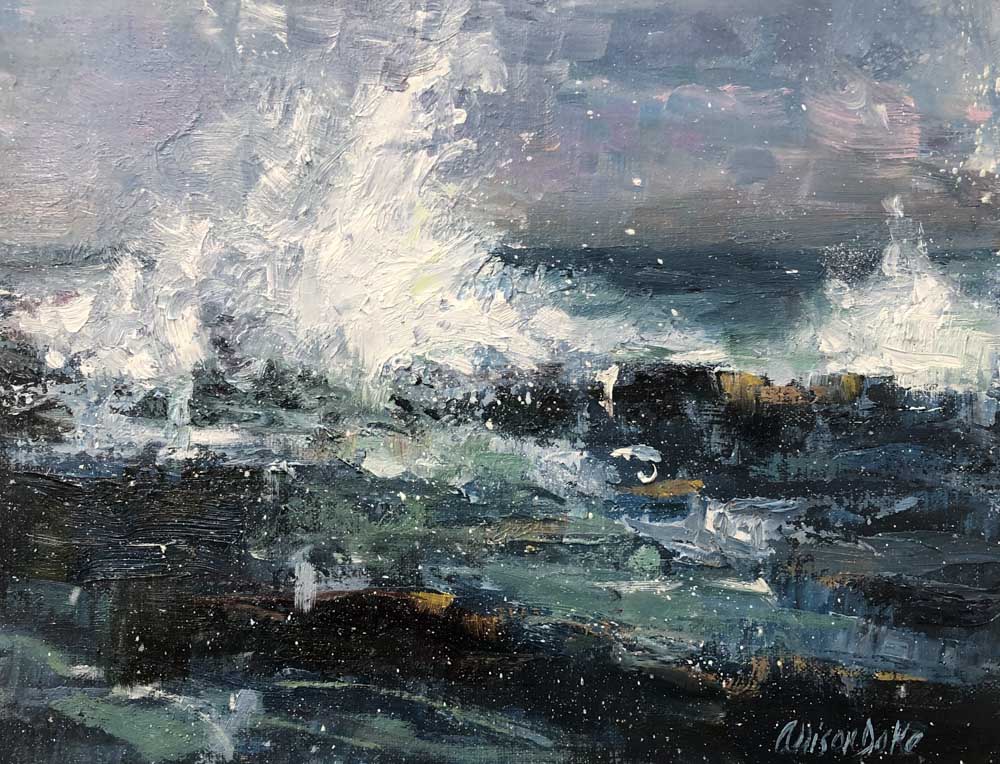 landscape painting of crashing waves on rocks by Allison Doke