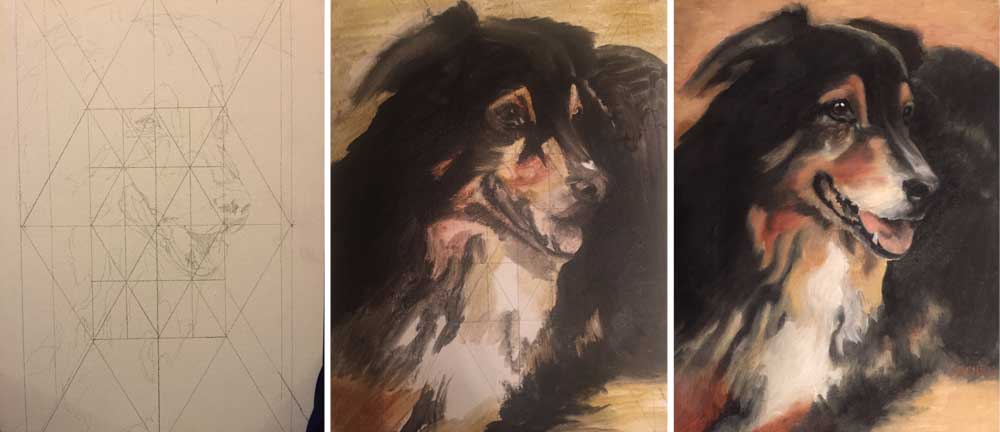 Step-by-step oil painting from a grid of a dog by Archen