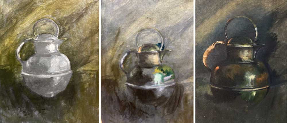 Step-by-step oil painting of a still life object