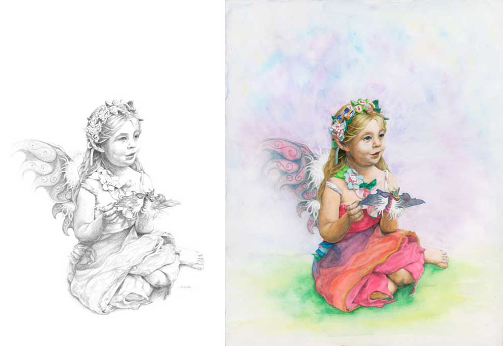 Step-by-step artwork of a winged girl