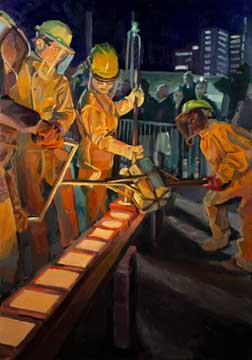 oil on canvas of forge workers during an iron pour