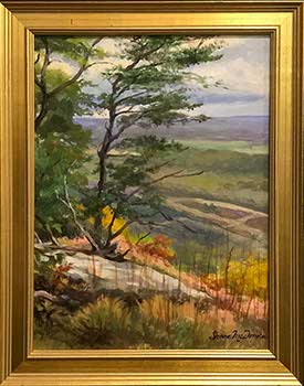 oil landscape of trees, golden grasses, and rock cliff overlooking the Hiawassee River valley