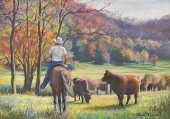cowboy herding cattle in north Georgia landscape in Rabun Gap