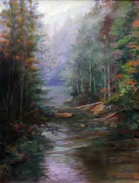painting overlooking an Appalachia mountain stream