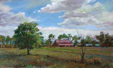 painting of a barn on a Southwestern American prairie with a blue sky and white clouds