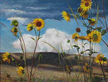 painting of wind-blown sunflowers with a distant Colorado hill and cloud