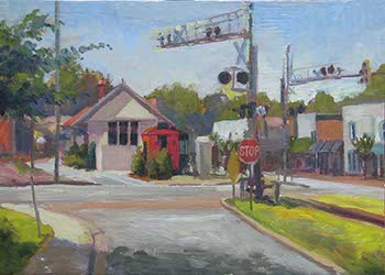 painting of a train depot in a small town with a small red caboose and a stop sign