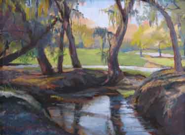 oil painting of live oaks reflecting along a stream in St. Simons Island, GA