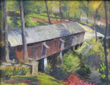 plein air painting of the Concord Bridge in Cobb County, GA from a hillside view