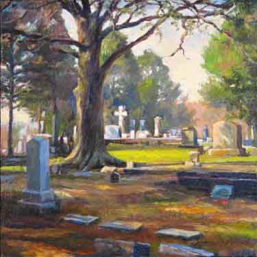 plein air painting of a tree and tombstones at the Marietta Cemetery