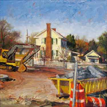 plein air painting of the William Root Family House while under construction to build the historical museum in 2009
