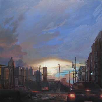 painting of a cityscape with storm clouds and tail lights of automobiles