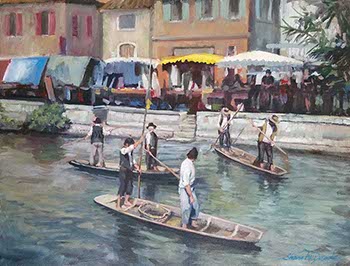 painting medieval fishermen standing on small boats of a French provincial stream in Isle sur la Sorgue