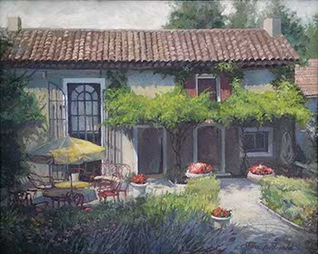 painting of a French farm house and its garden