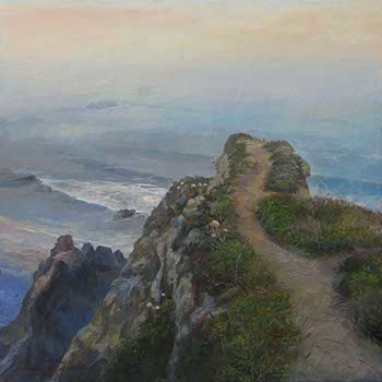 landscape painting of a walking path that leads to a Pacific cliff
