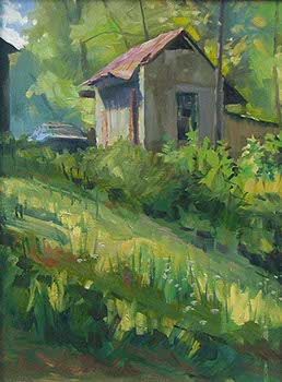 oil landscape of a wooded shack with tall green grasses in foreground