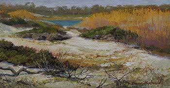 painting of white sand dunes with golden grasses and a bit of a blue water inlet from the Florida panhandle