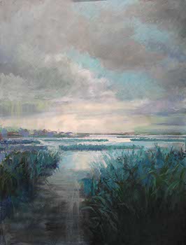 painting of marshlands on an overcast day using cool colors of green and blue