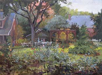 painting of a garden with rows of roses in the foreground