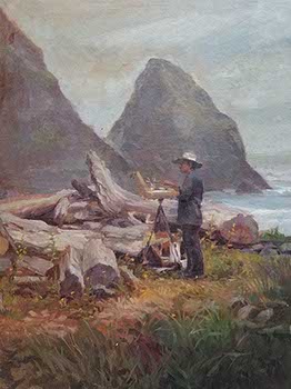 painting of a plein air painter at Arch Cape Beach
