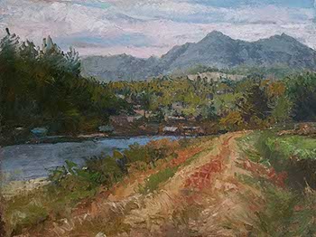 painting of a dirt vehicle path along the Nehalem River, OR