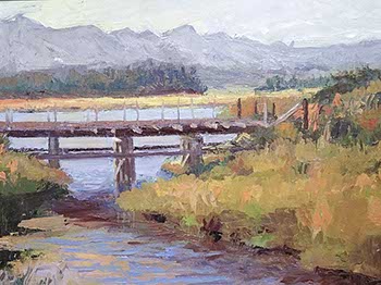 painting of a trestle before a wide river